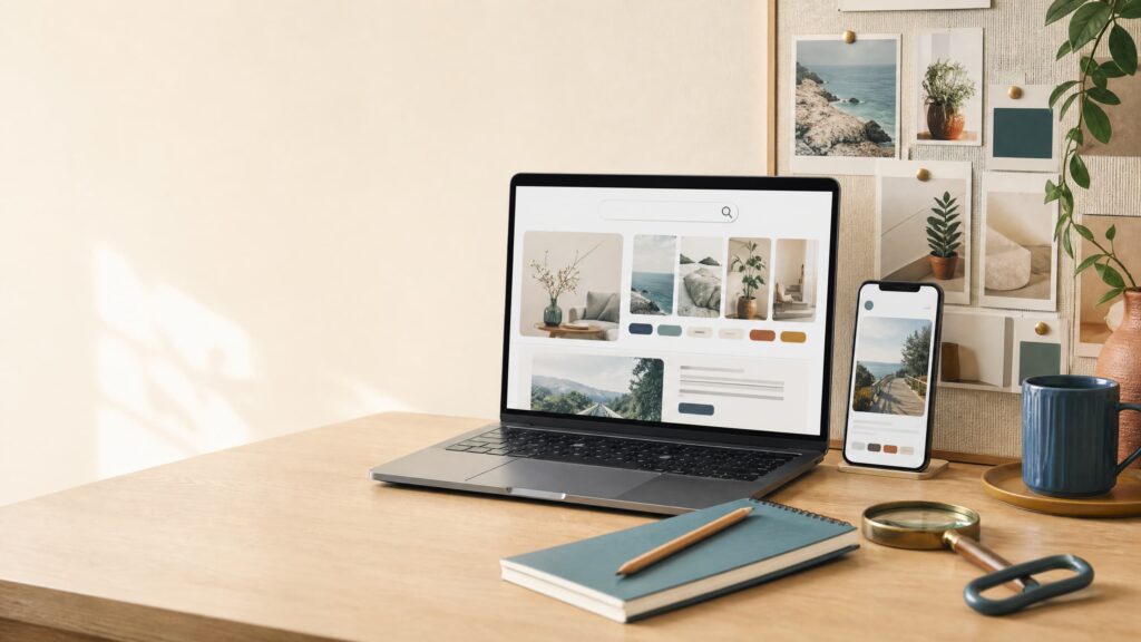 Pinterest para Afiliados em 2026: Como Gerar Tráfego Orgânico Laptop e celular exibem painéis visuais e conteúdos organizados sobre uma mesa clara, representando o uso do Pinterest para descoberta e tráfego orgânico.