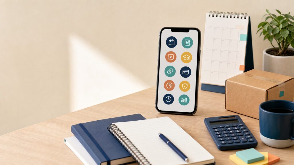 10 Formas de Ganhar Dinheiro com o Celular em 2026: Guia Realista para Iniciantes Smartphone com ícones de serviços, produtos, conteúdo, aulas, links e métricas ao lado de caderno, calendário, calculadora e pacote sobre uma mesa clara.