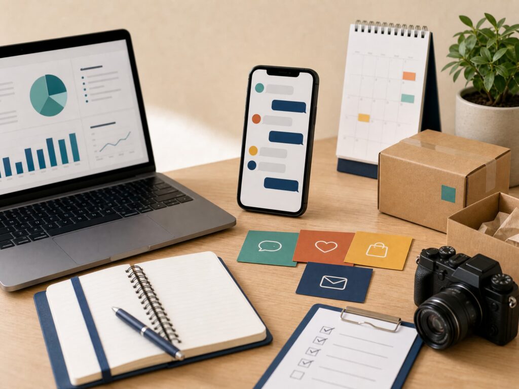 Smartphone, laptop, pacotes, câmera, caderno, calendário e cartões de atendimento representam serviços, vendas e suporte realizados pelo celular.