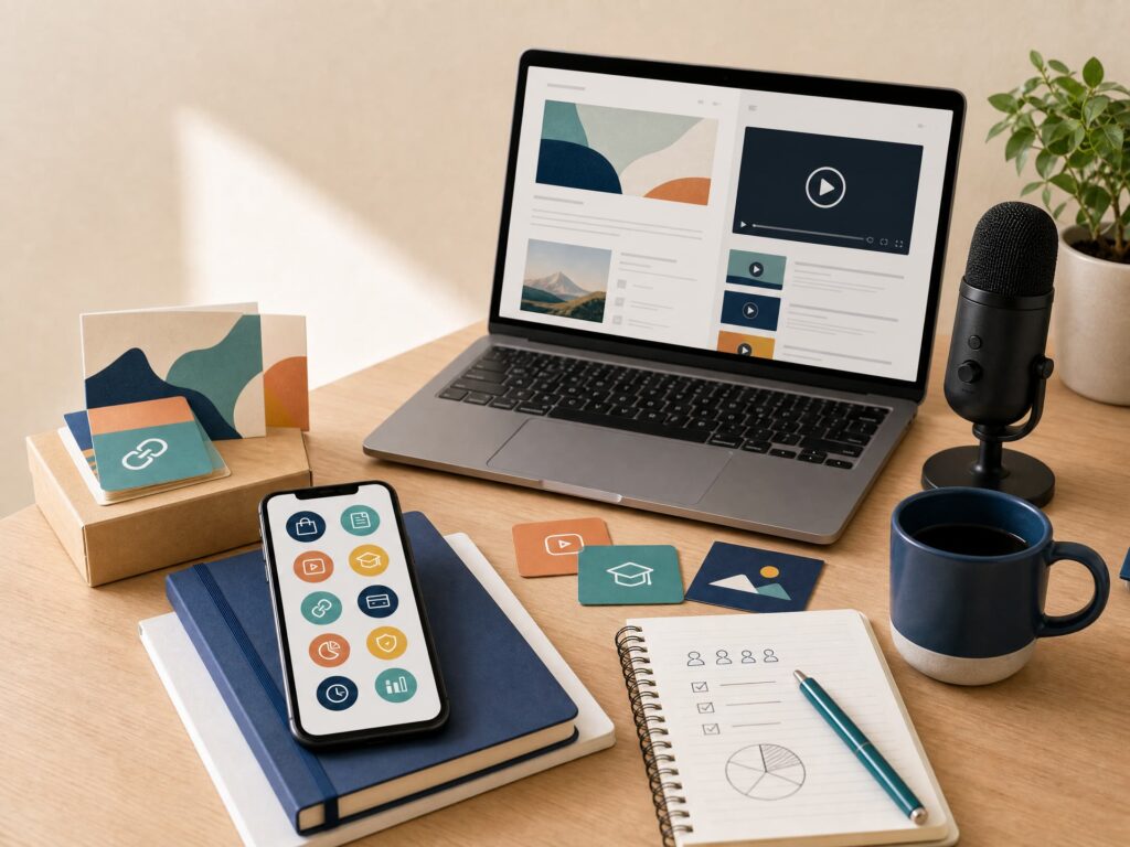 Laptop e smartphone com conteúdo visual, câmera, microfone, produtos digitais, link de afiliado e materiais de aula organizados sobre uma mesa.