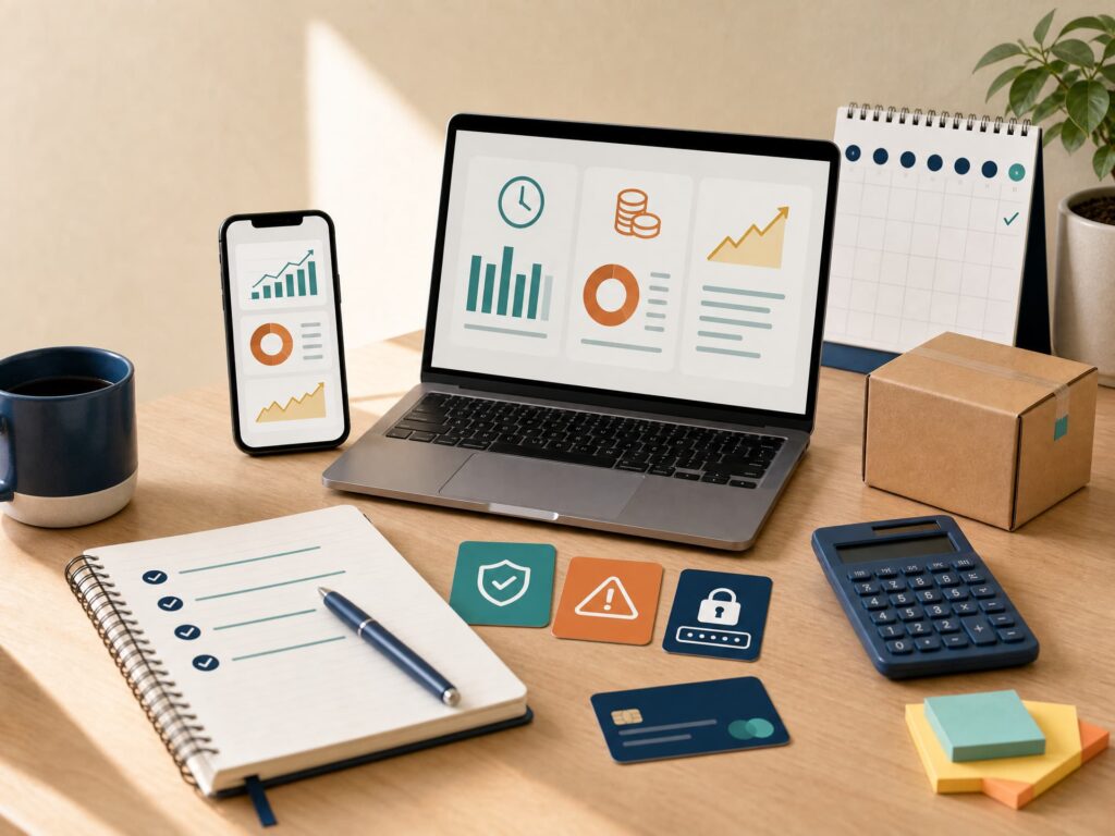 Smartphone e laptop com gráficos, calendário, calculadora, checklist, símbolo de proteção, alerta e cartão de pagamento.