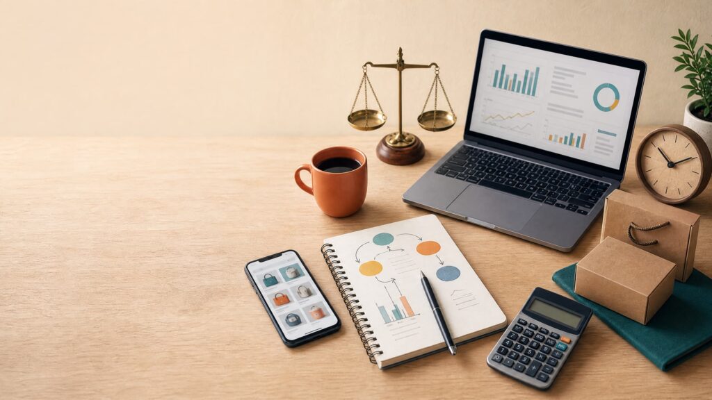 Renda Extra Sustentável: Como Começar do Zero em 2026 Mesa de trabalho com laptop, celular, caderno, calculadora, relógio, pacotes e balança, representando planejamento e controle de uma renda extra sustentável.