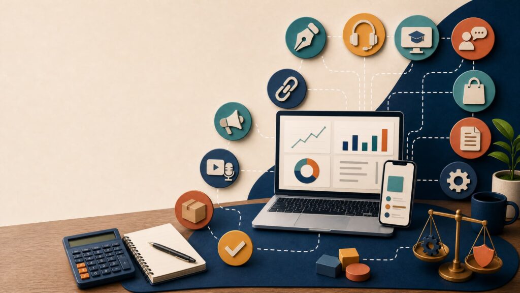 Laptop, celular, calculadora e diferentes ícones de serviços digitais conectados, representando formas realistas de ganhar dinheiro na internet.
