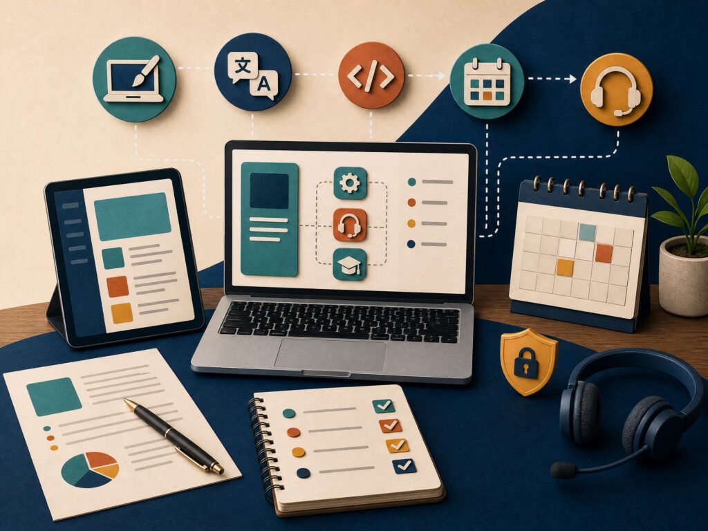 Como Ganhar Dinheiro na Internet em 2026: 12 Formas Testadas e Atualizadas Laptop, tablet, documentos, calendário e ícones de design, tradução, programação, aulas e suporte organizados como um fluxo de trabalho digital.