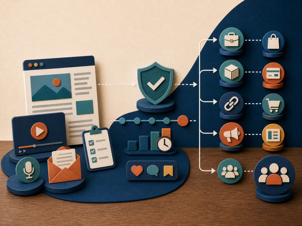 Como Ganhar Dinheiro na Internet em 2026: 12 Formas Testadas e Atualizadas Blog, vídeo, podcast, newsletter, link de afiliado, produto digital e audiência conectados em um ecossistema de criação de conteúdo.