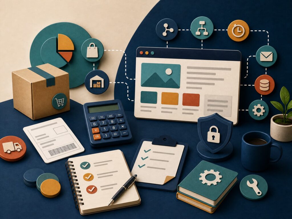 Como Ganhar Dinheiro na Internet em 2026: 12 Formas Testadas e Atualizadas Marketplace, caixa para envio, calculadora, página de site, cadeado, engrenagens e checklist representam vendas, microtarefas e automações online.