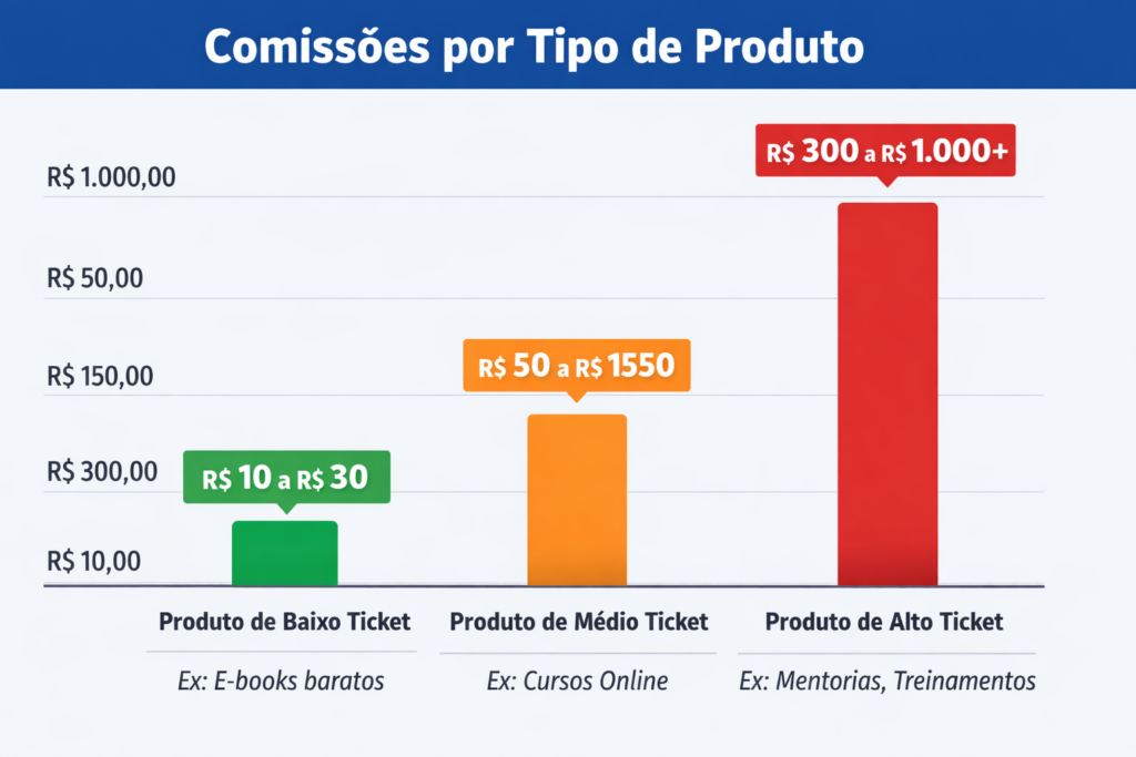 Gráfico mostrando comissões por tipo de produto no marketing de afiliados