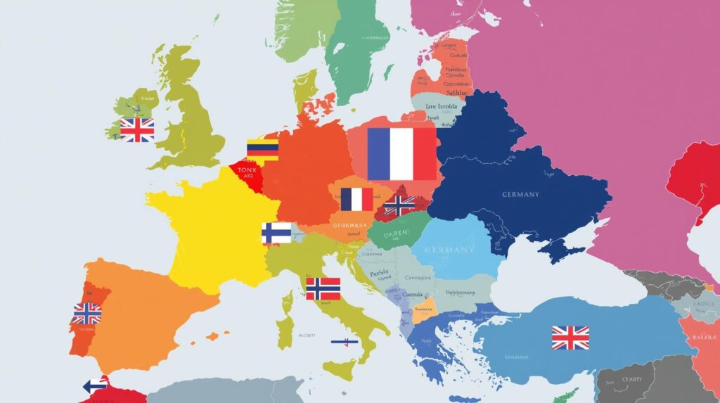Mapa europeu com países lucrativos para afiliados marcados - Alemanha, UK, França e Nórdicos