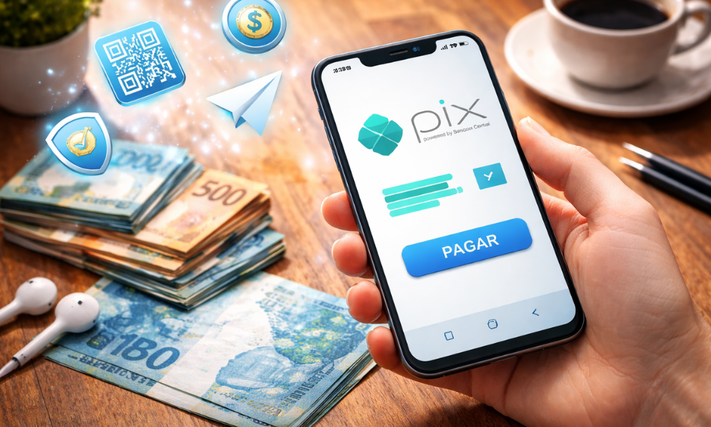 Aplicativos que Pagam no Pix: Veja os Melhores de 2026 Celular mostrando pagamento via Pix, representando aplicativos que pagam dinheiro de verdade pelo celular.