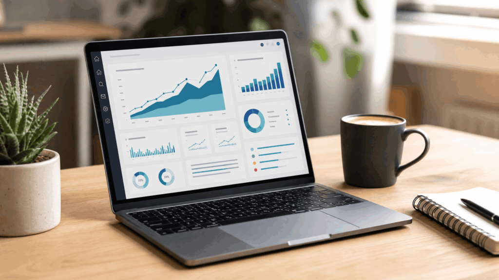 Notebook em uma mesa de trabalho exibindo painel com gráficos de crescimento de tráfego e receita de um blog profissional em 2026.