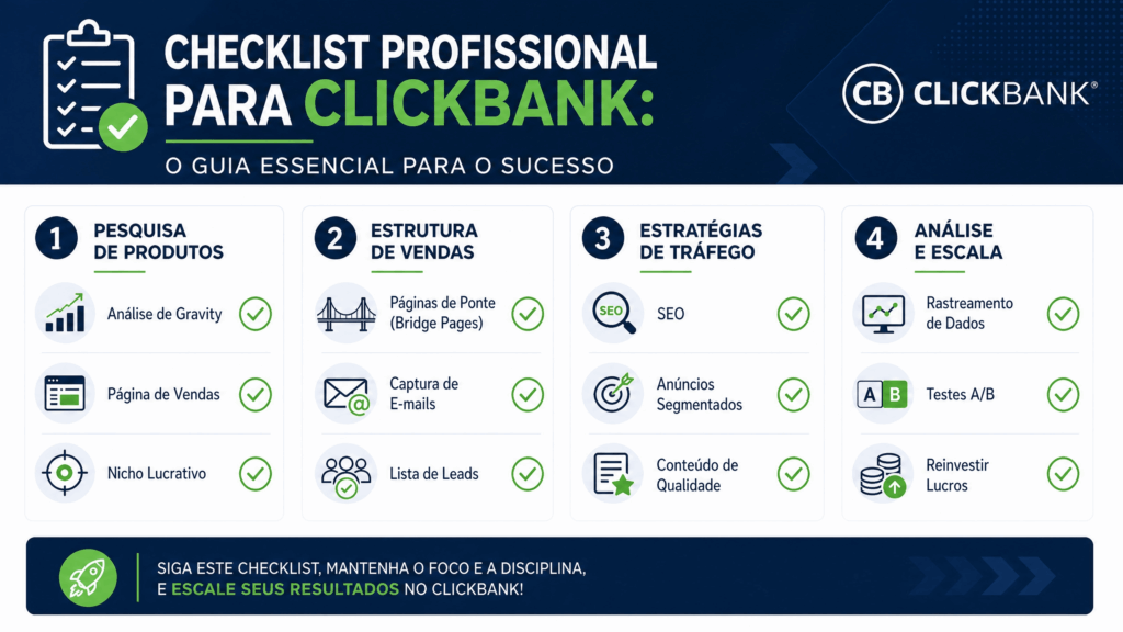 Infográfico de checklist profissional para afiliados ClickBank, cobrindo pesquisa de produtos, estrutura de vendas, tráfego e análise.
