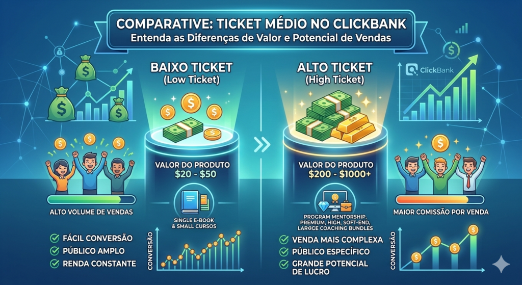 Comparação de ticket médio no ClickBank entre dois produtos