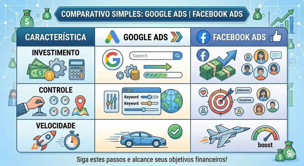 Estratégias de Tráfego Para ClickBank em 2026: Guia Completo do Orgânico ao Pago Comparação entre Google Ads e Facebook Ads para promover produtos da ClickBank.