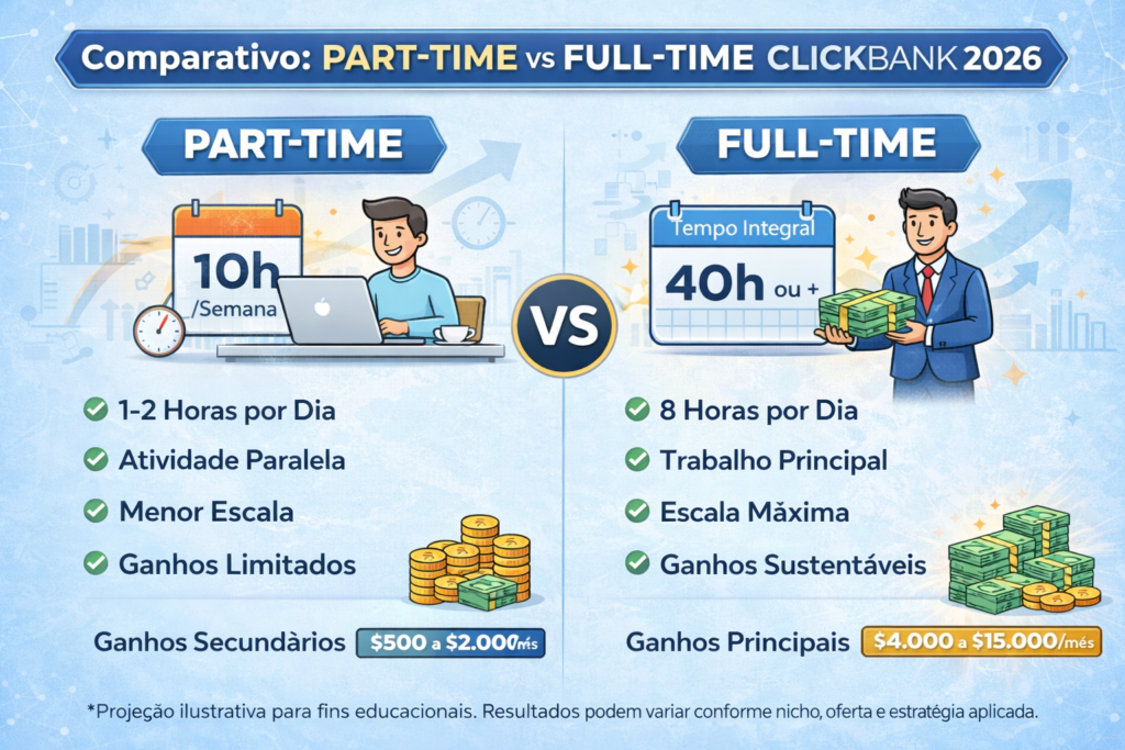 comparação entre ganhos trabalhando meio período e tempo integral na clickbank