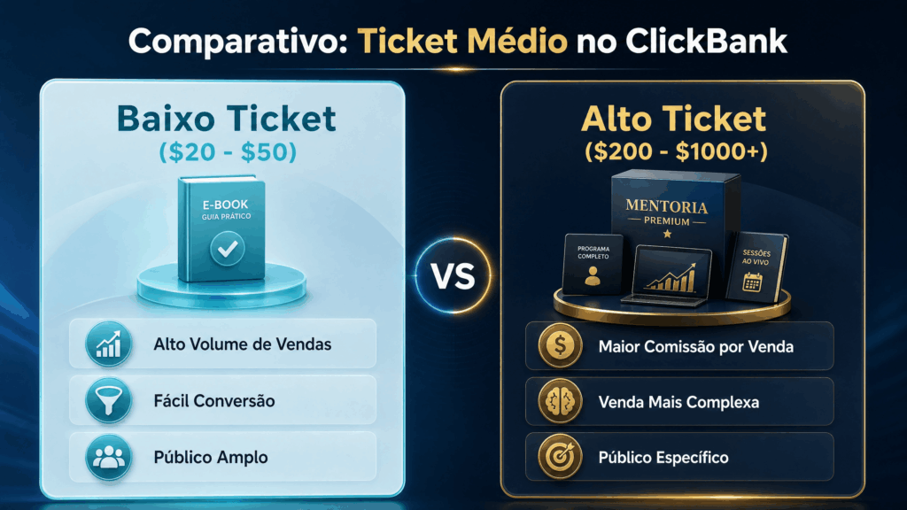 Infográfico comparativo entre produtos de Baixo Ticket e Alto Ticket no ClickBank, destacando volume de vendas, conversão e comissões.