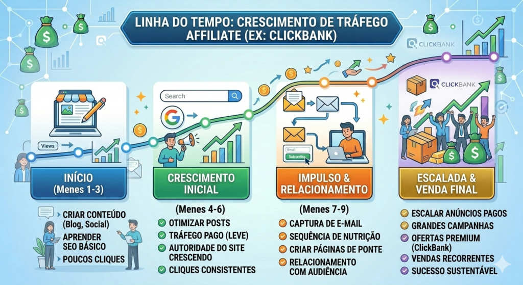 Estratégias de Tráfego Para ClickBank em 2026: Guia Completo do Orgânico ao Pago Crescimento de tráfego orgânico usando SEO para ClickBank ao longo dos meses.