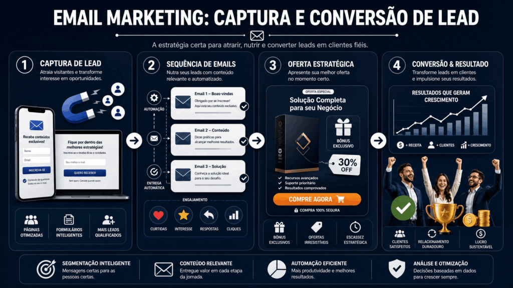 Infográfico profissional da estratégia de email marketing para captura e conversão de leads em 4 etapas: Captura de Lead, Sequência de Emails, Oferta Estratégica e Conversão e Resultado.
