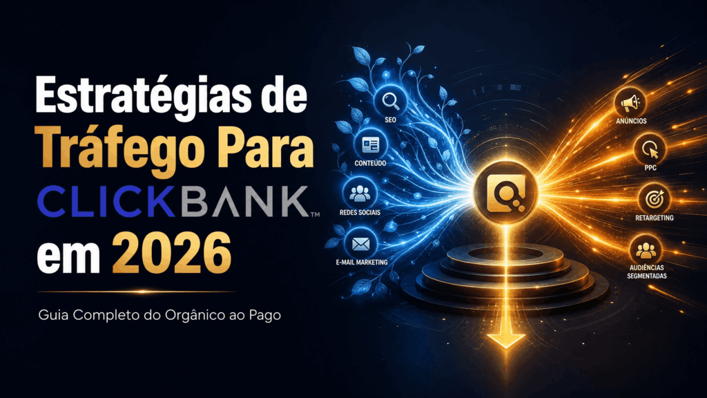 Banner de destaque mostrando o fluxo de tráfego orgânico e pago para o ClickBank, com design moderno e ícones de marketing digital.