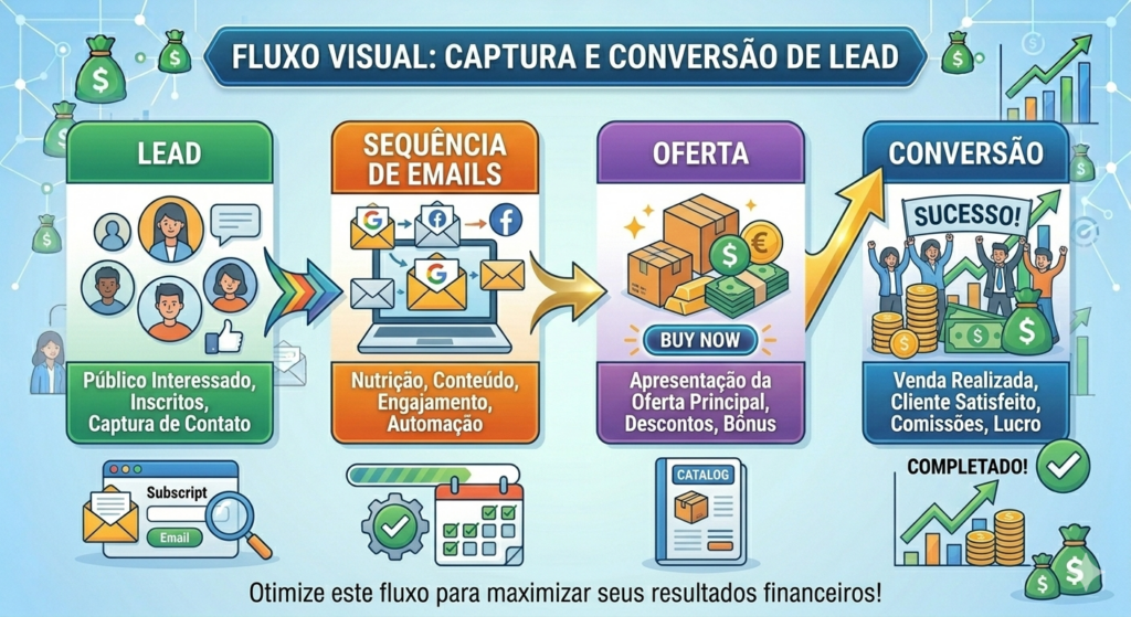 Estratégias de Tráfego Para ClickBank em 2026: Guia Completo do Orgânico ao Pago Fluxo de email marketing para vender produtos da ClickBank.