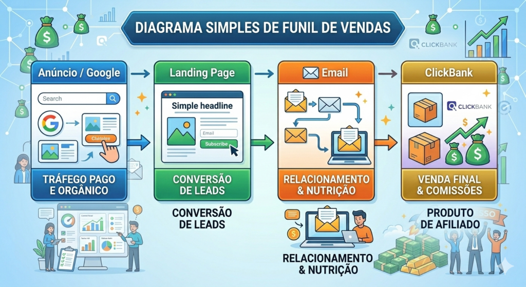 Estratégias de Tráfego Para ClickBank em 2026: Guia Completo do Orgânico ao Pago Funil de tráfego para ClickBank mostrando anúncio, landing page e email marketing