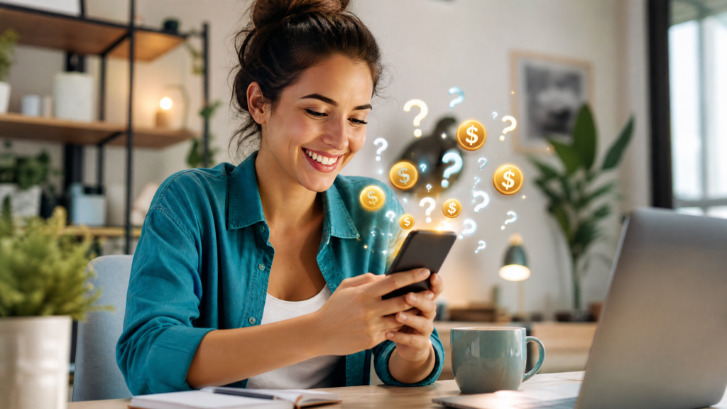 Mulher sorridente usando smartphone para ganhar dinheiro respondendo perguntas online, com ícones de interrogação e moedas de dólar flutuando