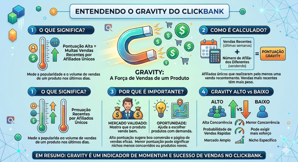 Exemplo de gravity no ClickBank mostrando como analisar produtos