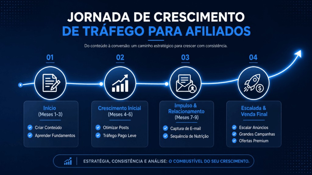 Infográfico da jornada de crescimento de tráfego para afiliados ClickBank, dividido em 4 fases: Início, Crescimento, Impulso e Escalada.