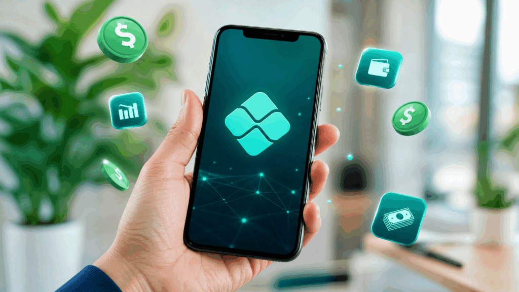 Mão segurando um smartphone moderno com ícones de dinheiro e símbolos digitais que remetem ao Pix em tons de verde e teal.