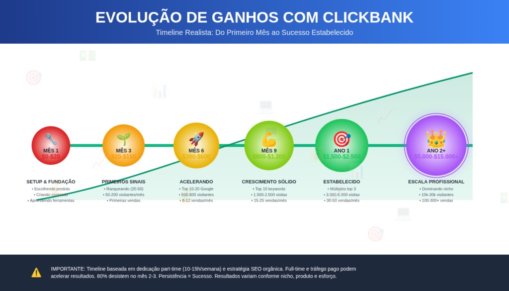 linha do tempo mostrando evolução de ganhos com clickbank do mês 1 ao ano 2