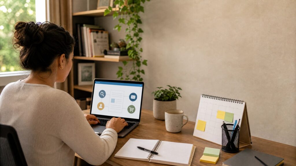 Renda Extra Online Sem Redes Sociais: Como Ganhar Dinheiro na Internet Sem Instagram, TikTok ou Facebook Pessoa trabalhando em um projeto de renda extra online com notebook, calendário e diferentes canais digitais representados por ícones abstratos.