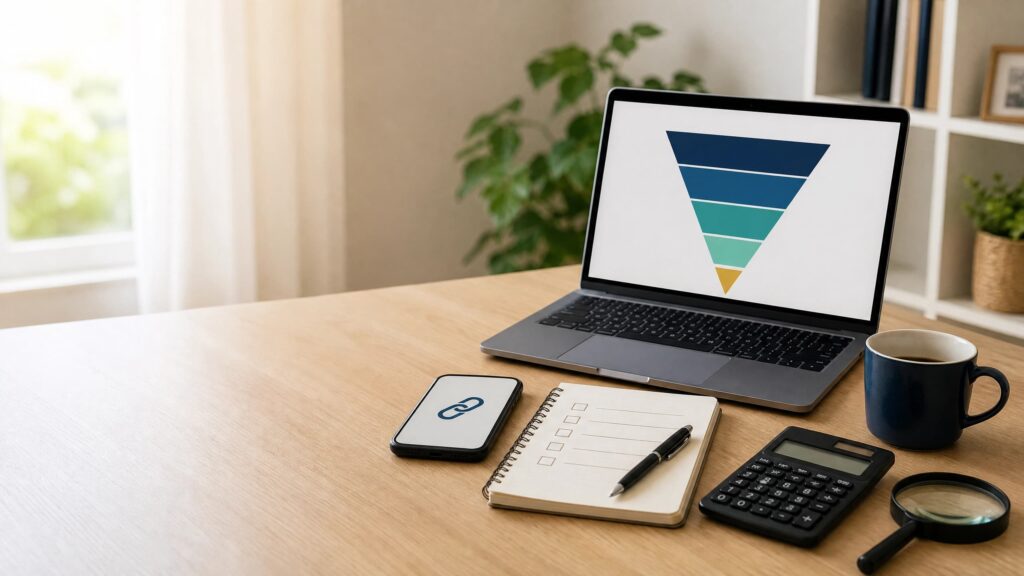 Como Fazer Sua Primeira Venda Como Afiliado (Passo a Passo Simples Para Iniciantes) Mesa de trabalho com notebook exibindo um funil de vendas, celular com link de afiliado e checklist para planejar a primeira venda.