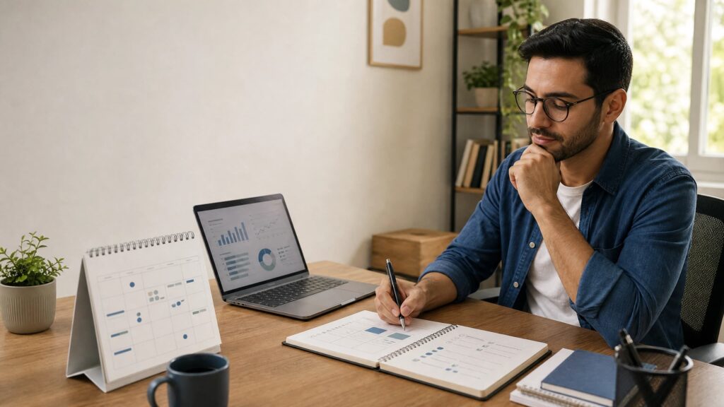 Hábitos de Pessoas que Ganham Dinheiro Online: 10 Segredos Que Funcionam em 2026 Pessoa organizando uma rotina semanal de trabalho online com notebook, calendário e caderno.