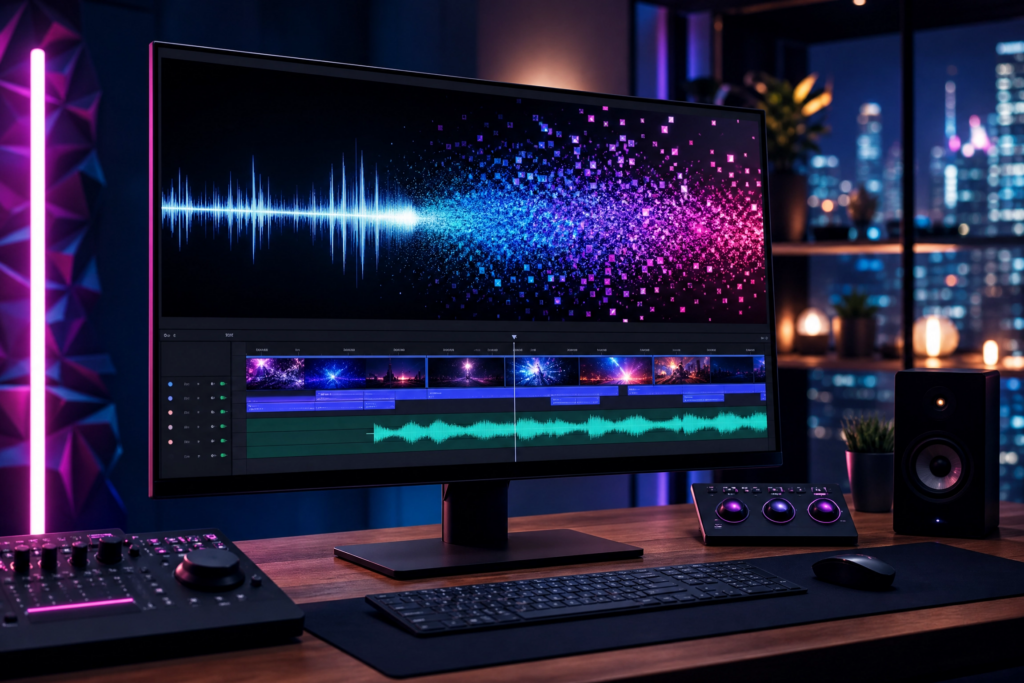 Monitor de computador exibindo uma linha do tempo de edição de vídeo com ondas sonoras se transformando em partículas digitais coloridas.