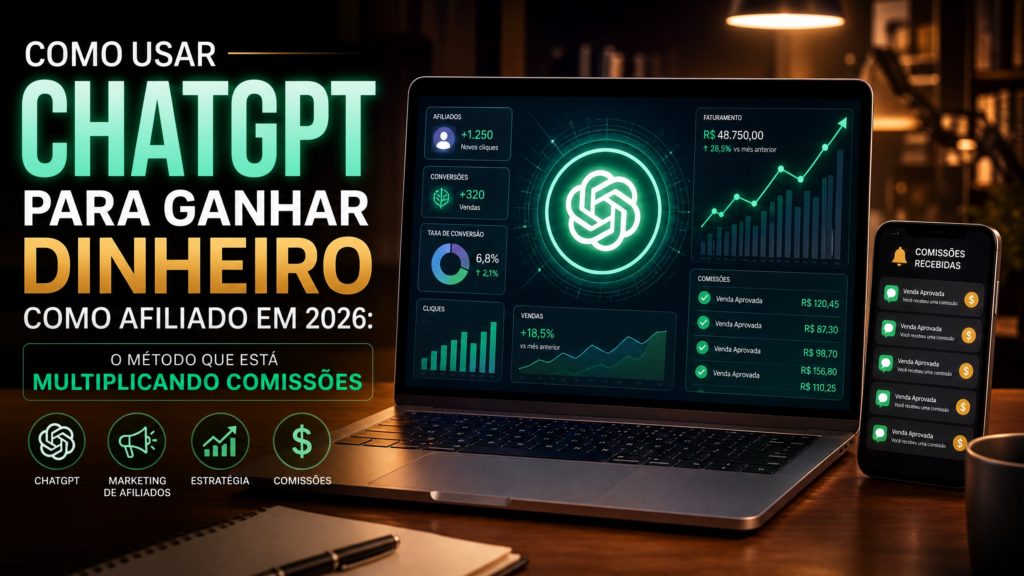 Banner profissional mostrando um laptop com interface do ChatGPT e um celular com notificações de comissões de afiliado, ilustrando o método de ganhar dinheiro em 2026.