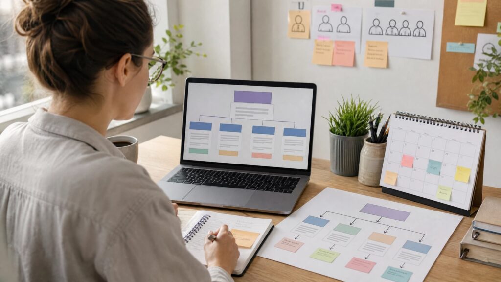 Como Criar um Blog com IA em 2026: Guia Realista para Iniciantes Pessoa organizando a arquitetura de um blog em um notebook, com página principal, artigos de apoio, calendário editorial e links internos.