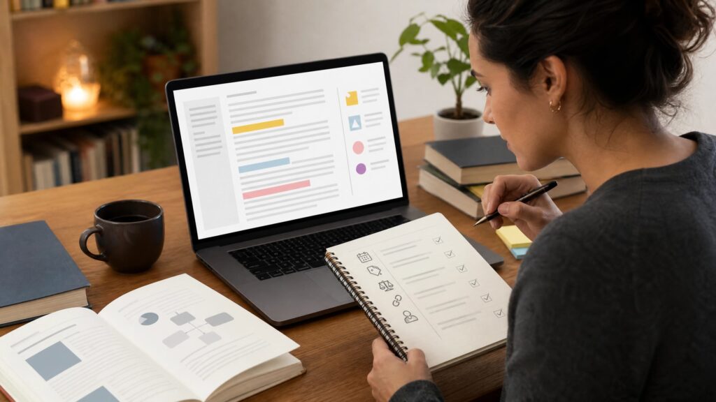 Como Criar um Blog com IA em 2026: Guia Realista para Iniciantes Pessoa revisando um texto produzido com apoio de inteligência artificial, conferindo fontes, datas, links, regras e divulgação comercial em um notebook.