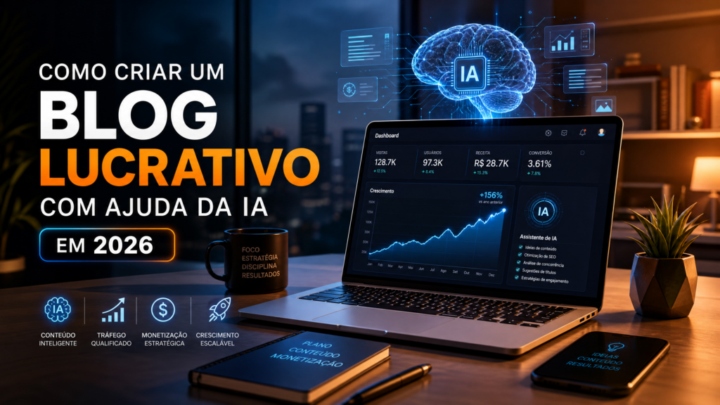 Imagem de destaque do artigo: laptop com dashboard de crescimento e cérebro holográfico de IA, representando a criação de um blog lucrativo com inteligência artificial em 2026.