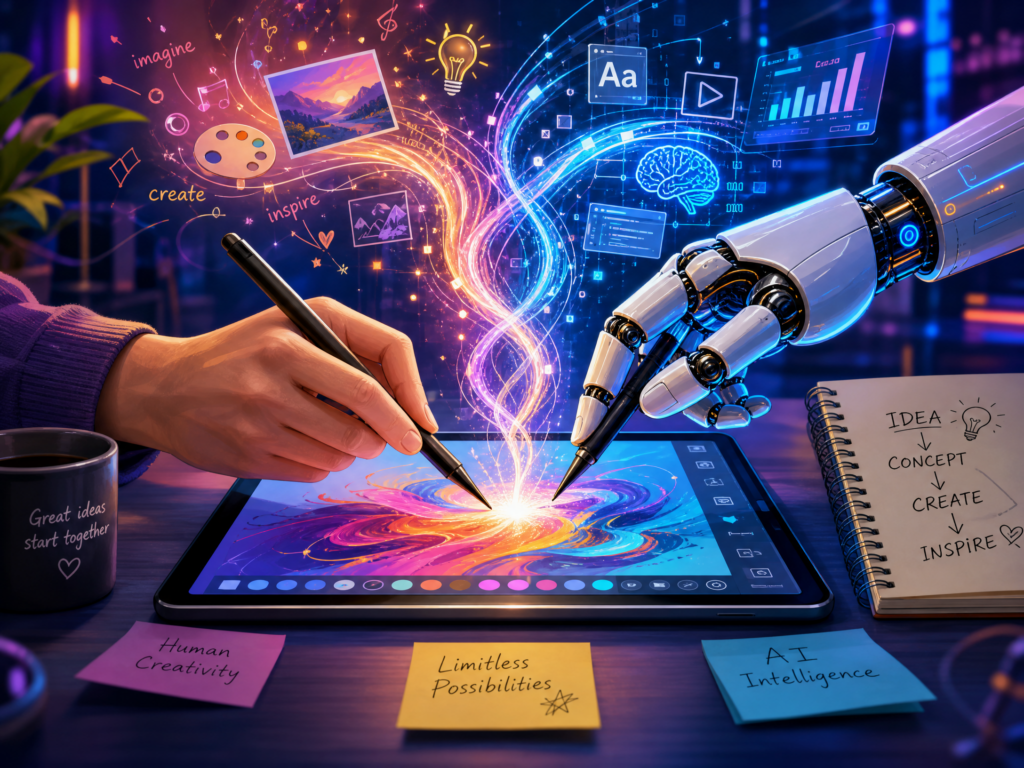 Mão humana e mão robótica trabalhando juntas em um tablet digital, ilustrando a colaboração entre inteligência artificial e criatividade humana na produção de conteúdo.