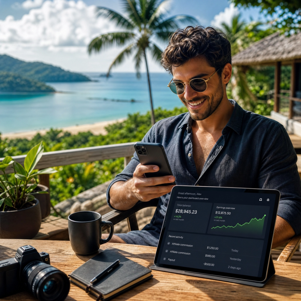 Pessoa sorrindo em uma varanda com vista para o mar, segurando um celular e com um tablet mostrando resultados financeiros positivos.