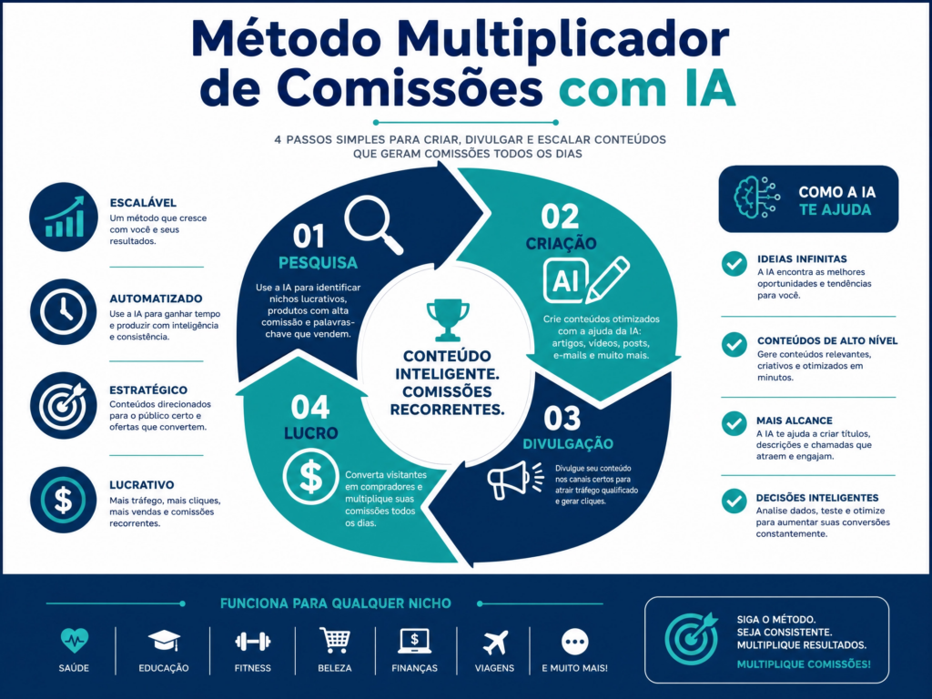 Infográfico detalhando os 4 passos para ganhar dinheiro como afiliado usando IA: Pesquisa, Criação, Divulgação e Lucro.