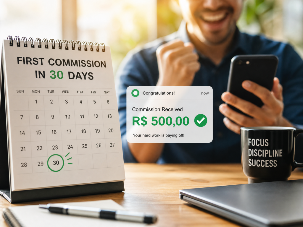 Calendário destacando o dia 30, com notificação de comissão recebida e pessoa feliz com smartphone, representando o sucesso em marketing de afiliados em 30 dias