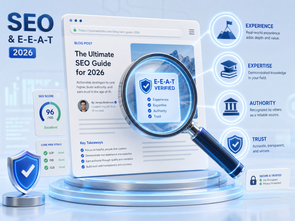 Lupa digital inspecionando um blog post com ícones de Experiência, Expertise, Autoridade e Confiabilidade (E-E-A-T), simbolizando as tendências de SEO para 2026.