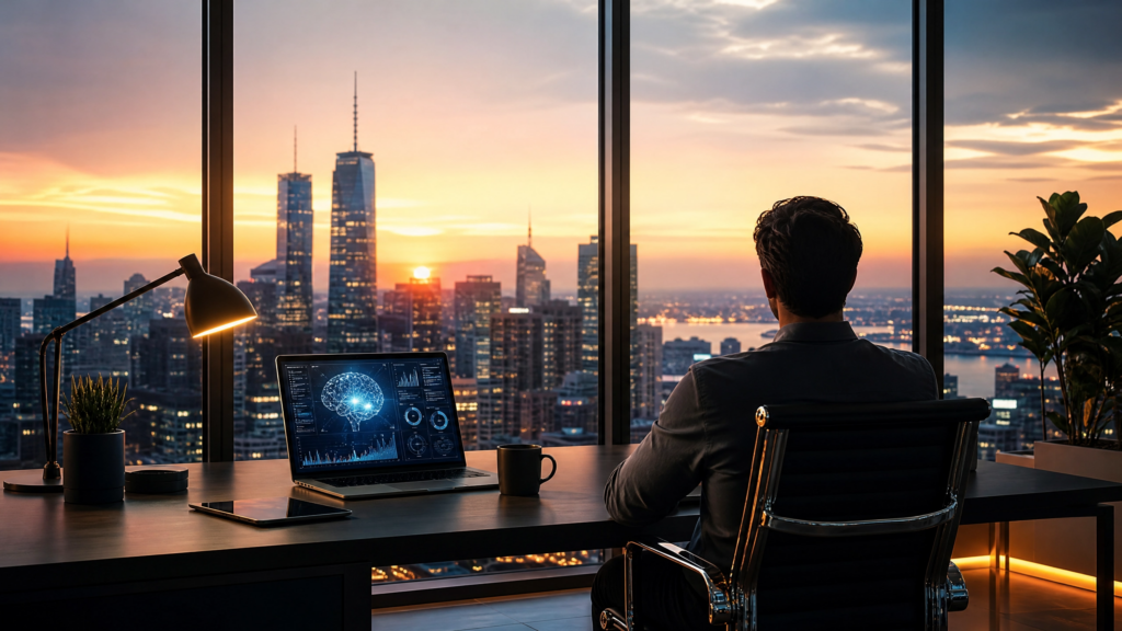 Freelancer de sucesso trabalhando em um escritório moderno com vista para a cidade ao pôr do sol, utilizando inteligência artificial para otimizar seus ganhos.