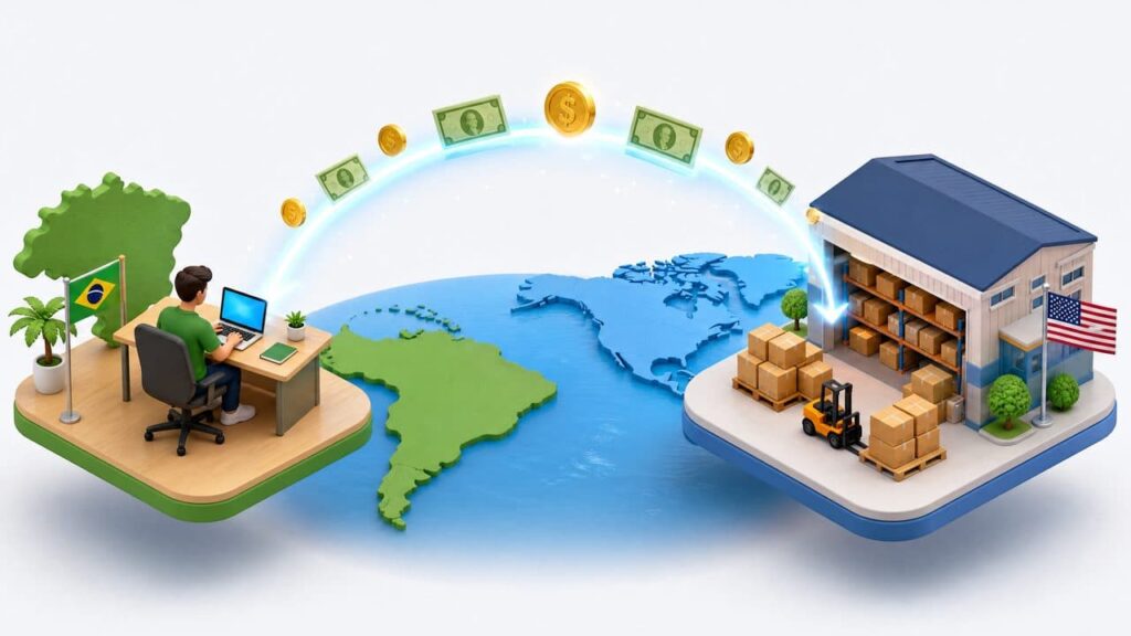 Amazon Associates EUA: Como Brasileiros Estão Ganhando em Dólar Sem Sair de Casa em 2026 Ilustração mostrando a conexão entre afiliado no Brasil e a Amazon dos Estados Unidos pagando em dólar"