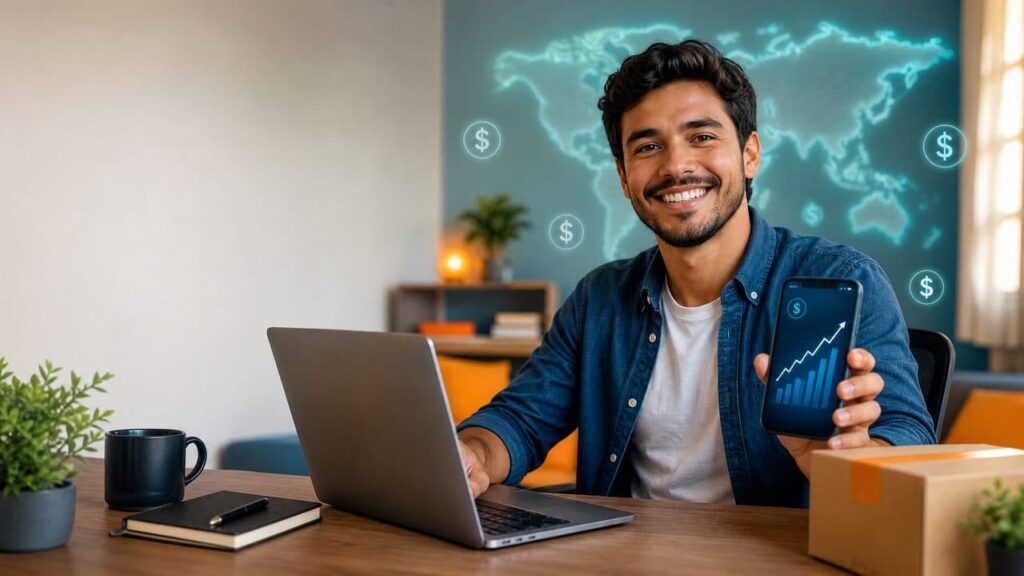 Amazon Associates EUA: Como Brasileiros Estão Ganhando em Dólar Sem Sair de Casa em 2026 Afiliado brasileiro trabalhando em casa com resultados em dólar do Amazon Associates EUA"