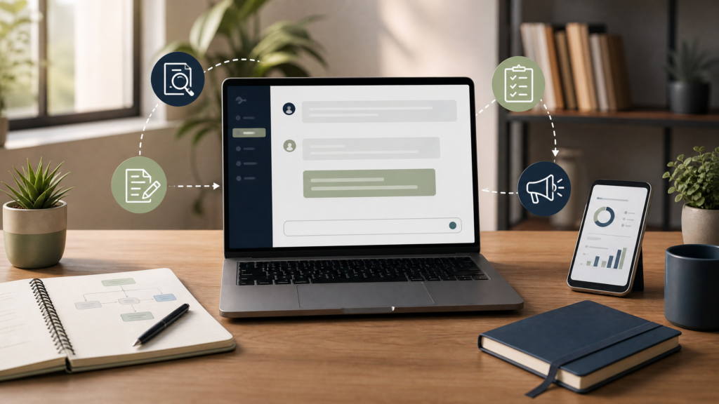 Como Usar o ChatGPT no Marketing de Afiliados: Guia para Iniciantes Laptop com interface de inteligência artificial, celular com painel de análise e caderno de planejamento de conteúdo